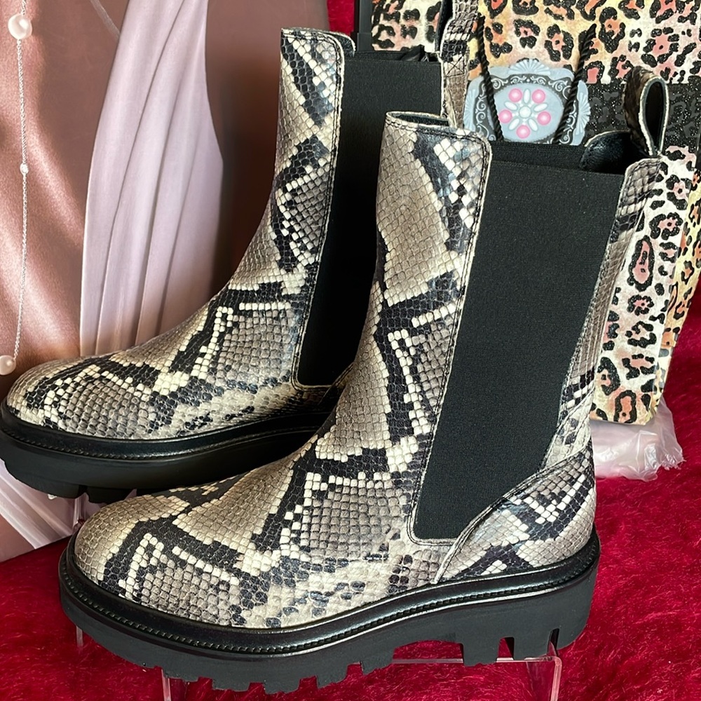 ALL SAINTS BILLIE 100% LEATHER SNAKE EMBOSSED CHELSEA BOOT GREY & BLACK SIZE 10